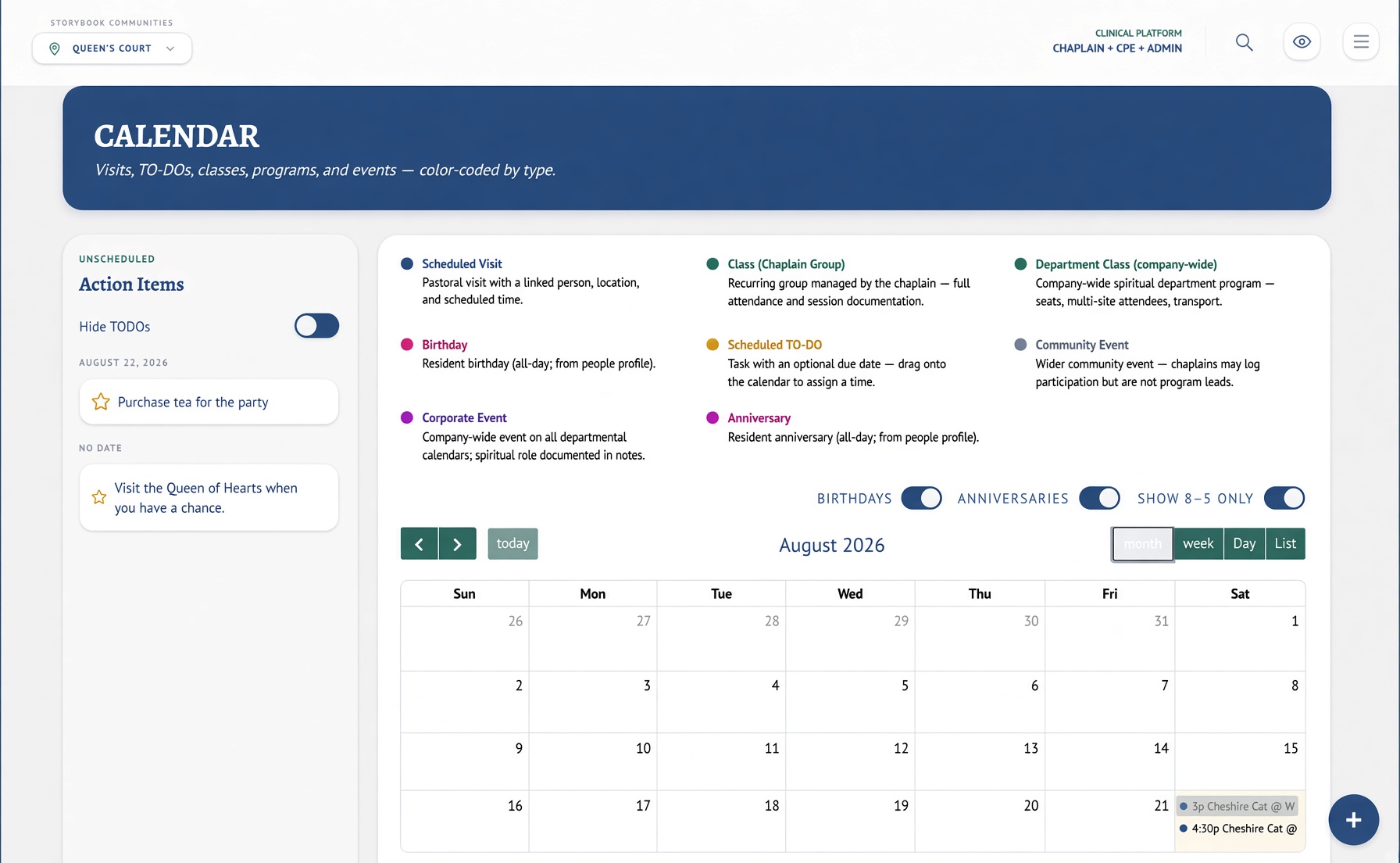 Unified chaplaincy calendar